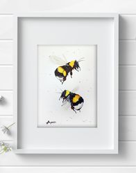Watercolor bumblebee drawing 2 bees painting art by Anne Gorywine