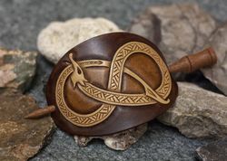 Viking hair barrette with wooden stick. Leather hair clip for women with norse serpent jormungand. Hair stick barrette f