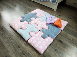 Gray-pink puzzle baby play mat with elephants, baby girl nursery rug, girl nursery decor, rug elephant pink, baby shower