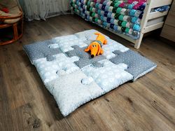 Gray-blue puzzle baby play mat with elephants, elephant boy baby shower, large floor cushions, elephant nursery decor