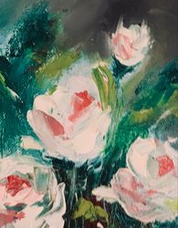 Roses Bouquet Painting Original , White Flower Oil Painting Flower Wall Art Impasto Abstract Painting Ukrainian artist