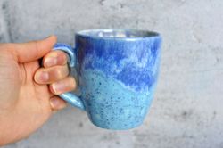 Handmade coffee mug 400ml, sky blue ceramic handle mug, large cappuccino cup 14oz, drip glaze mug pottery.