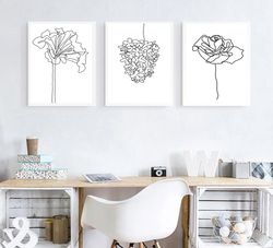 Flower Line Print Digital Prints Botanical Art Floral Line Drawing Set of 3 Wall Art Triptych Kitchen Decor Flowers Art