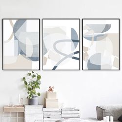 Abstract Geometric Blue Gray Wall Art Set Of 3 Poster Printable Art Modern Pictures Large Art 3 Piece Prints Triptych