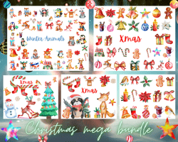 Big Christmas Clipart 116 png files, Christmas Animals Clipart, Winter Animals Clipart,Elf Hat ,Watercolor Clipart