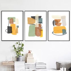 Abstract Modern Art 3 Piece Prints Printable Wall Art Yellow Decor Abstract Geometric Set Of 3 Posters Large Triptych
