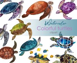 Watercolor Sea Turtles Clipart Ocean.  Hand-drawn cute clipart ocean-themed with 11 turtles on a transparent background