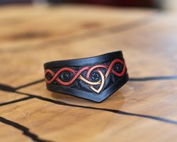 Celtic leather wristband with triskel and trinity knot, celtic bracelet with phoenix design, celtic jewerly for ladies.