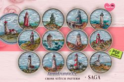 Set of 13 Lighthouse small cross stitch pattern PDF Nautical decor Sea lighthouse Marine embroidery needlepoint Bundle