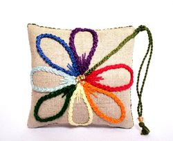 Rainbow Crochet Flower, Handmade Linen Pincushion, Needles Storage, LGBT Gift, Decorative Mini Pillows, Gift for Quilter