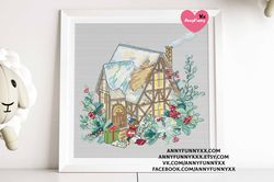Winter cottage cross stitch pattern PDF House decor Craft project DIY Christmas holiday cute Chart embroidery Printable