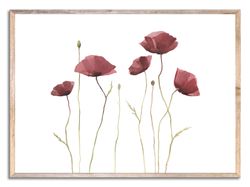 Poppies Art Print Flowers Watercolor Painting Floral Red Poppy Wall Art Minimalist Botanical Poster Golden Poppies
