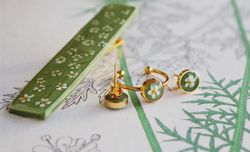 Green set jewelry Queen  Anne's lace stud earrings Flower ring Floral hair clip