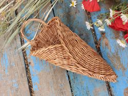 Hanging wicker basket for flowers. Basket with handmade handle. Home decor.