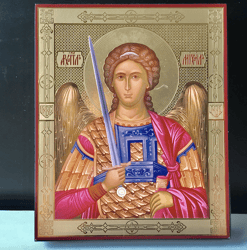 The Archangel Michael | Gold and Silver foiled icon lithography mounted on wood | Size: 5 1/2" x 4"
