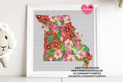 Missouri state cross stitch map USA Silhouettes states Missouri flower design floral embroidery United States of America