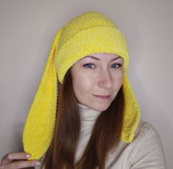 Yellow bunny beanie crochet Fluffy bunny hat adult Plush bunny beanie hand knit