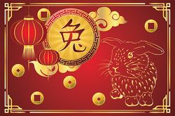 Decorative rabbit zodiac sign with cartoon bunny, Chinese new year greeting card illustration