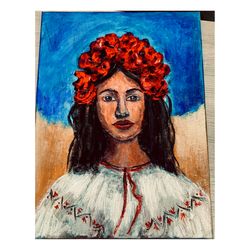 Ukraine Girl Painting Acrylic Original Art Ukraine Madonna Charity for Ukraine Handmade gift Yellow and Blue 12x16