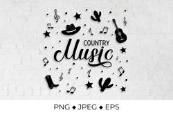 Country Music lettering with hat, cowboy boots, notes and guitar