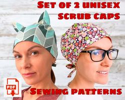 Set of 2 Unisex Scrub Caps Style 7 and Cat Ears Scrub Cap Sewing Patterns, Printable Scrub Hat Sewing Pattern,Surgical