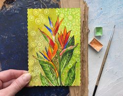Tropical flowers painting Floral Original watercolor card Gift artwork Small art Rubinova