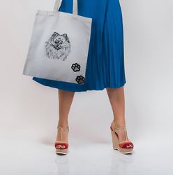 White shopping bag with embroidery of a Pomeranian dog. Fashionable shopping bag. Buy women's bags. A gift for a woman.