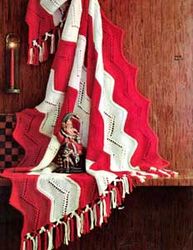 Vintage Afghan Knitting Pattern, Red and White Striped Afghan, Blanket Knitting Pattern PDF, Knit Aran Afghan Pattern