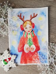 Christmas card, watercolor winter illustration, Merry Christmas and Happy New Year greeting card