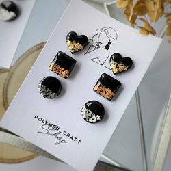 Stud earrings set/heart earrings/square stud earrings/round stud earrings/earrings with gold leaf/black earrings