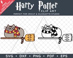 Harry Potter Clip Art Design SVG DXF PNG PDF - Pusheen Glasses Broom Quidditch Illustration & FREE Font!