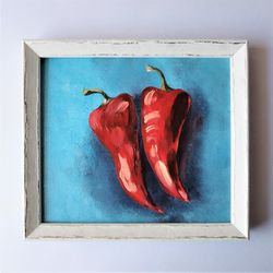 Vegetable decor kitchen wall, Pepper original painting, Food wall art impasto painting