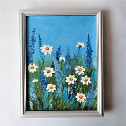 Wildflowers acrylic painting, Daisies wall art, Artwork for living room, Daisies impasto art painting