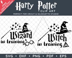 Harry Potter Clip Art SVG DXF PNG PDF - Two Wizard & Witch In Training Typography Sorting Hat Deathly Hallows Design