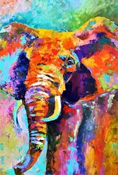 Elephant Original Oil Painting Elephant Portrait Original Art Colorful Painting Elefant Artwork Modern Art 16" by 12"