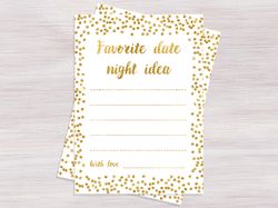 Favorite Date Night Idea Card Printadle, Funny Bridal Shower games, Gold confetti Wedding Shower ideas, Bachelorette
