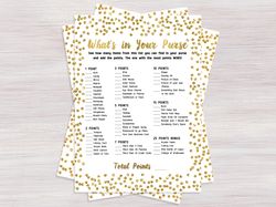 What's in your purse, Funny Bridal Shower games, Gold confetti Bridal Shower ideas, Wedding Shower Activities