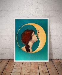 Woman kissing moon, Moon kiss Woman, Dear old dixie moon, Crescent moon, Vintage art print, 8x10, 16x20, 10x10, 20x20