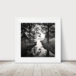 black and white photography prints, black and white square prints, nature landscape print, printable wall art, the walk