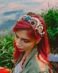 Mermaid's Treasures Headband- Bohemian festival tiara with shells and crystals, hippie crown