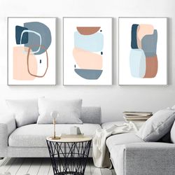Abstract Shapes Art Set Of 3 Prints Large Print Triptych Art Abstract Poster Blue Wall Art Instant Download Modern Art