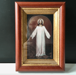 jesus christ in a white chiton |  high quality icon in a wooden case covered with glass wooden golden baguette | 7,5"