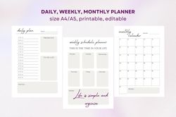 Planner set- Daily Planner, Weekly Planner, Monthly Planner, Printable PDF planner, Planner Inserts,A4/A5/Letter