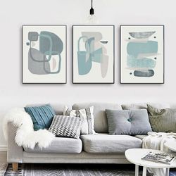 Abstract Pastel Art Blue Gray Wall Art Instant Download Set Of 3 Prints Modern Art Shapes Poster Triptych Large Prints