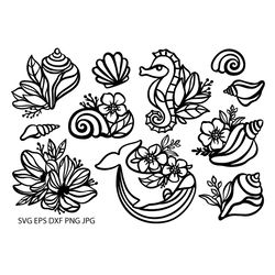 SEA AND FLOWERS Svg Eps Dxf Png Vector Set For Plotter Cutting