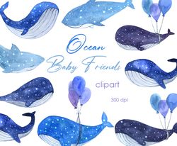Watercolor clipart. Whale clipart. Baby shark digital paper. DIGITAL CLIPART with blue little whales and sharks.