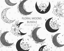 Floral Moon SVG bundle Boho svg Moon Phase celestial clipart Crescent moon svg Peony Daisy Poppy Line drawing Svg for cr