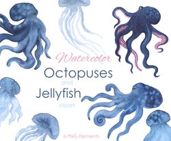 Watercolor clipart. Octopus and Jellyfish clipart. Unique postcards, t-shirts, scrapbooking, bags, poster, cups. wedding