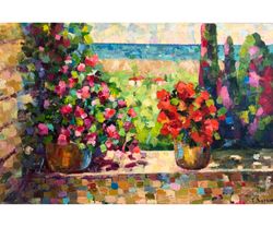 Tuscany Painting Tuscan Landscape Original Oil Stretched Canvas Flower Wall Art Mosaic Style