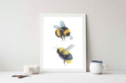 Watercolor clipart. Bee postcard. Bumble bee clipart. Watercolor clipart. Postcards, scrapbooking. Bumble bee art